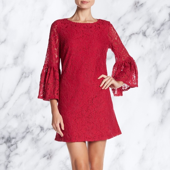 red lace dress with bell sleeves
